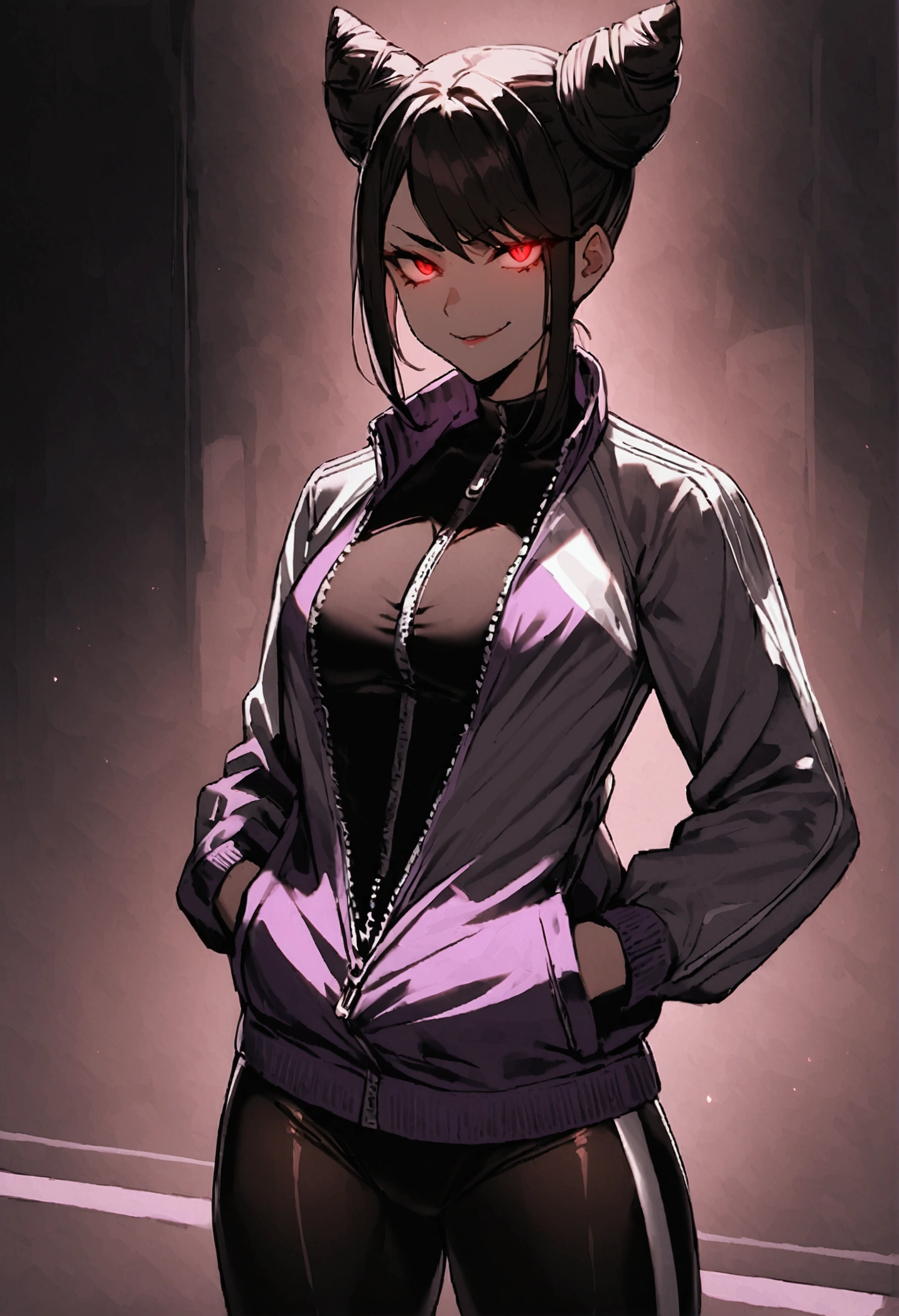 beautiful young fitness woman with , in a gym wearing May with black pantyhose, tight white and purple gym jacket. standing alone,hair horns,red eyes glowing,Evil smile,legging preto ,labiaa,dark eye shadow,shining eyes,hands in our pockets,neckleace,jacket zipper half open,Tight black shirt