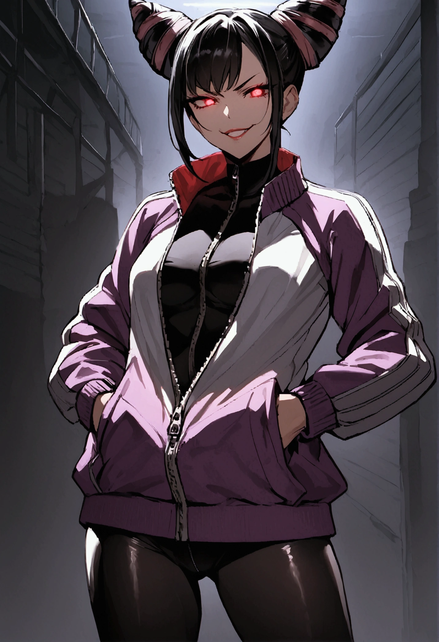 beautiful young fitness woman with , in a gym wearing May with black pantyhose, tight white and purple gym jacket. standing alone,hair horns,red eyes glowing,Evil smile,legging preto ,labiaa,dark eye shadow,shining eyes,hands in our pockets,neckleace,jacket zipper half open,Tight black shirt