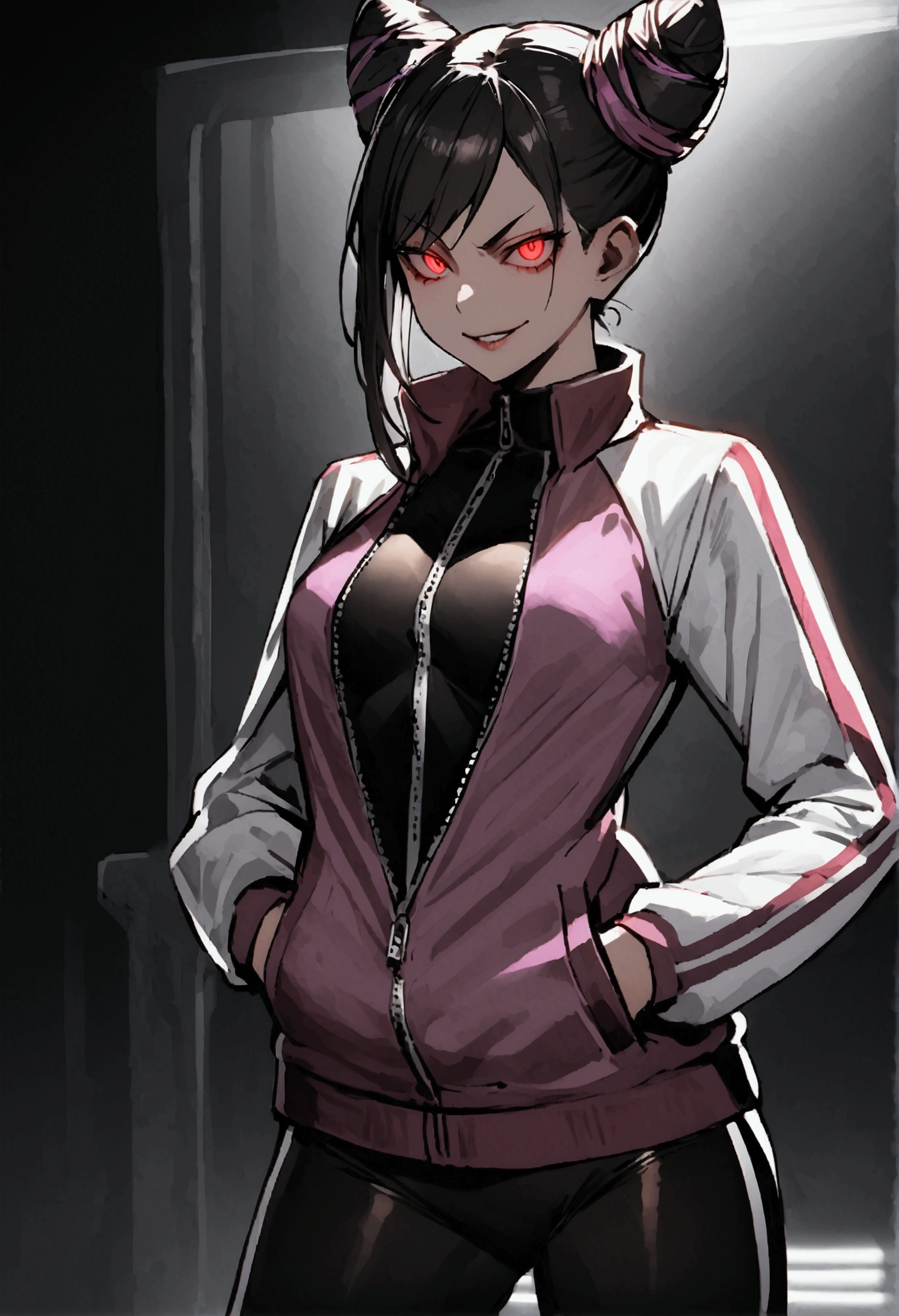 beautiful young fitness woman with , in a gym wearing May with black pantyhose, tight white and purple gym jacket. standing alone,hair horns,red eyes glowing,Evil smile,legging preto ,labiaa,dark eye shadow,shining eyes,hands in our pockets,neckleace,jacket zipper half open,Tight black shirt
