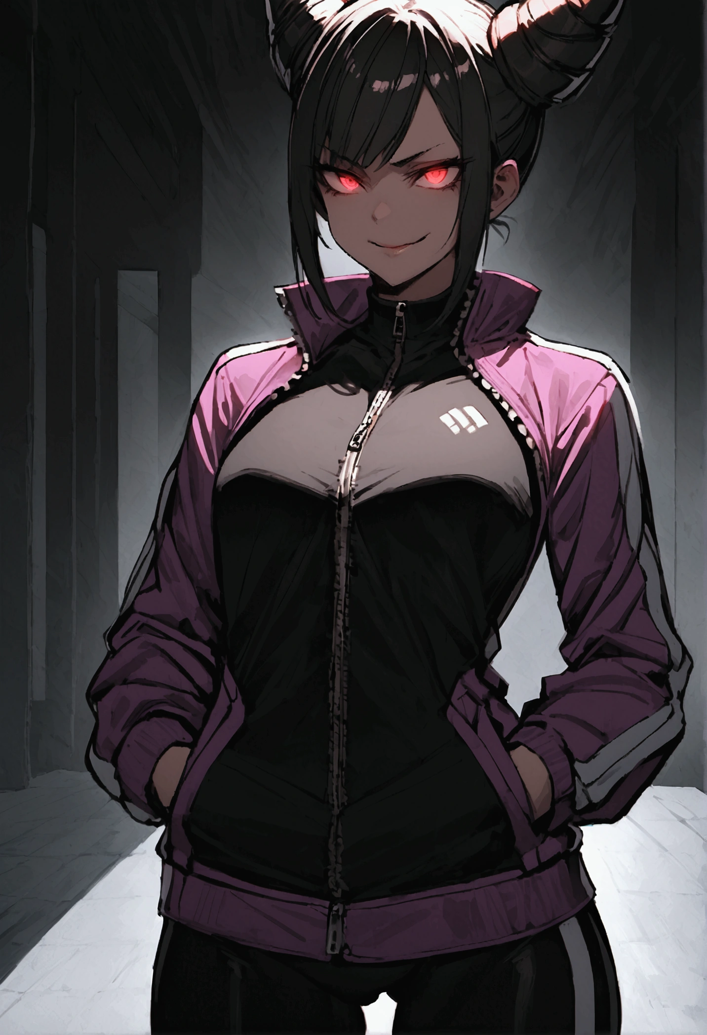 beautiful young fitness woman with , in a gym wearing May with black pantyhose, tight white and purple gym jacket. standing alone,hair horns,red eyes glowing,Evil smile,legging preto ,labiaa,dark eye shadow,shining eyes,hands in our pockets