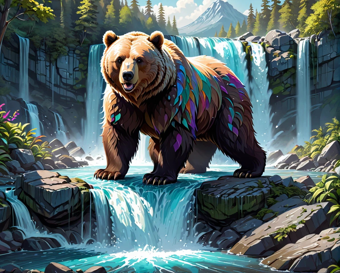werebear. official art is an award-winning digital masterpiece in 4K Ultra HD, featuring extreme detail and intricate realism. It combines the artistry of Wlop and Artgerm in a stunning 2D vector illustration. The background is a tranquil waterfall. bright colorful.