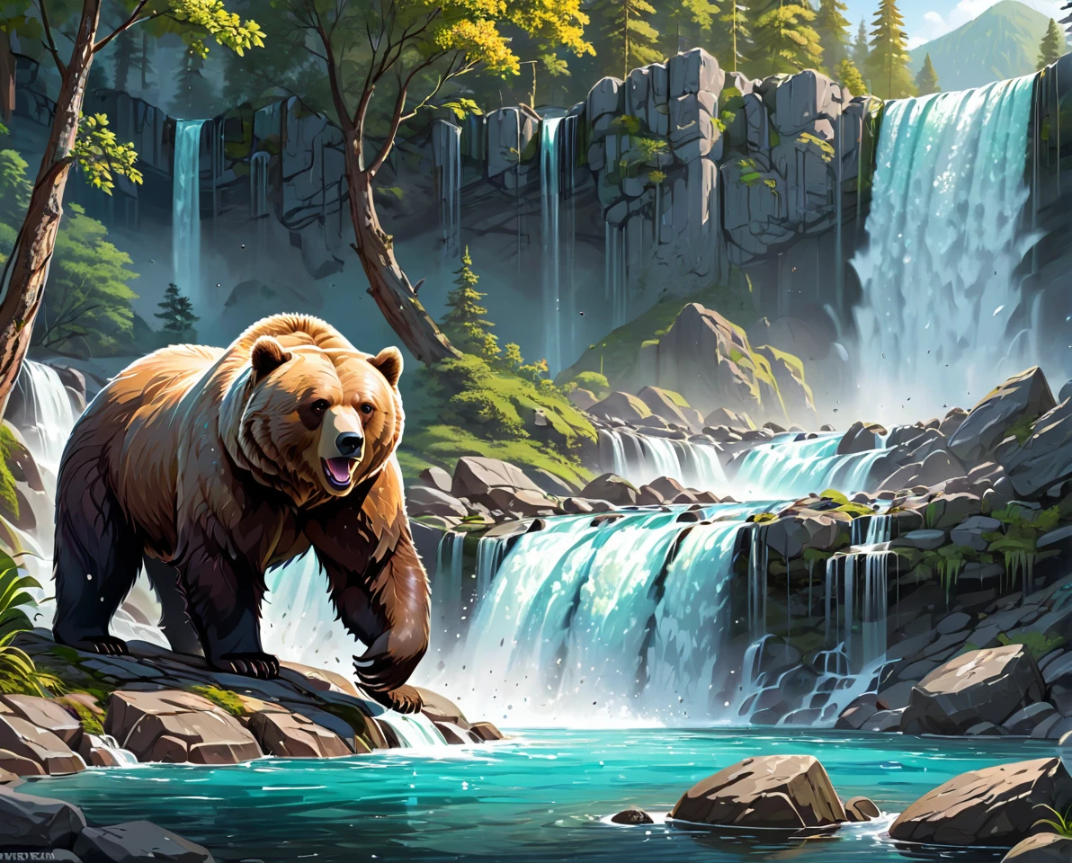 werebear. official art is an award-winning digital masterpiece in 4K Ultra HD, featuring extreme detail and intricate realism. It combines the artistry of Wlop and Artgerm in a stunning 2D vector illustration. The background is a tranquil waterfall. bright colorful.