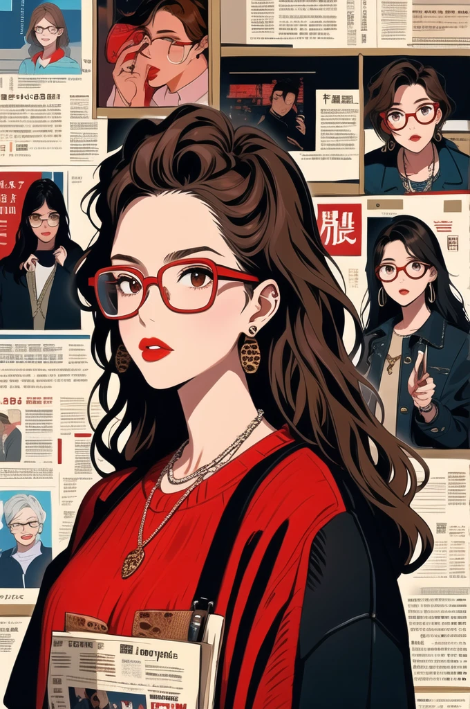 Newspaper wall, Glasses, Lips parted, Glassesを見ている,  black Jacket, jewelry, Long Hair, Jacket, Leopard print shirt, alone, Upper Body, Brown Hair, One girl, necklace, Earrings, red sweater, View your viewers, 赤色のGlasses, sweater, red Jacket, Red lips、Osaka&#39;s potential aunties
