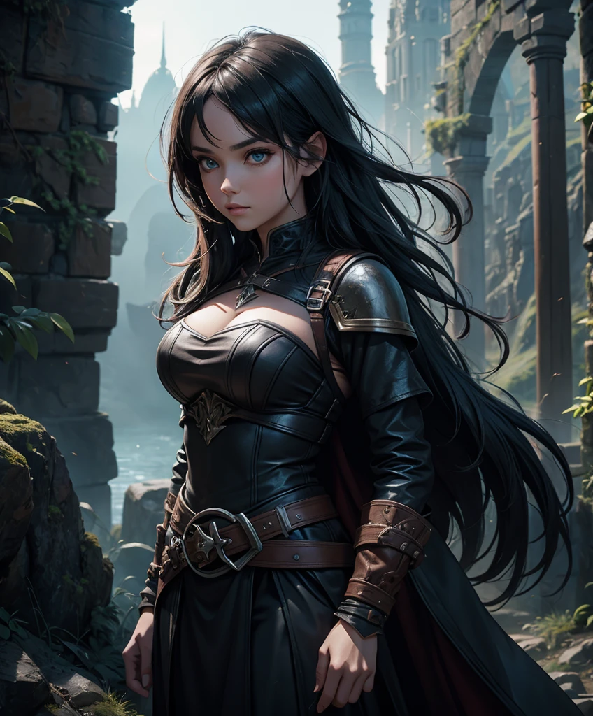 score_9, score_8_up, score_7_up,  (((Solo focus)))  score_9, score_8_up, score_7_up,  (((Solo focus))) Design a fantasy character set against a dark and sinister background.  She looks like s;y, suspicious, lithe female character in a fantasy setting, wearing medieval fantasy attire. Rugged adventuring attire., trending on Artstation, digital art, unreal engine, 8k, ultra HD, centered image, solo focus, unreal engine, sharp focus, dappled lighting, (backlighting:0.7), film grain, photographed on a Sony A7R IV, 18mm F/1.7 cine lens 