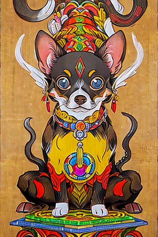 (masterpiece: 1.2, Highest quality),Chihuahua sitting on a Ouija board,Dog with a Ouija board、Japanese painting, rough sketch, Horror elements,Ancient India、Buddhism
