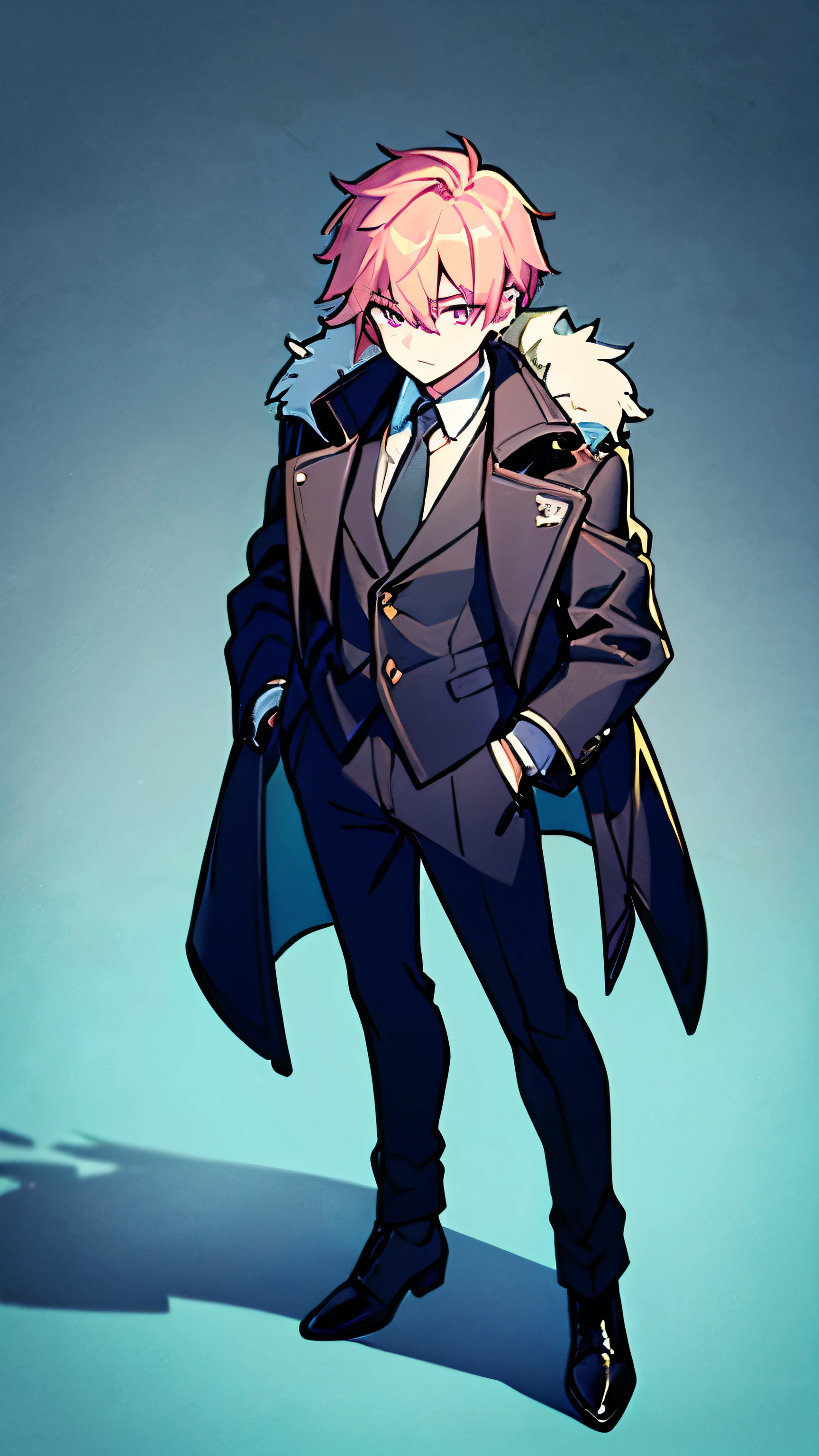 best quality, high quality, (male, a boy:1.2), Jagged tooth, Futuristic atmosphere, Police, near future, full body, pink gold hair, Wear a long black coat with fur, Wear long black pants, Wear a business shirt, wear aqua color tie, white gloves, very short hair, expressionless, purple eyes, jitome, underweight, 22 years old,  standing, stoop, from above, leather shoes, green background, (headshot:1.0),