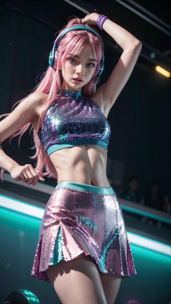 A woman with loose hair in neon blue tones, pink and green, wearing a purple sequin crop top and a blue vinyl skirt, dancing energetically with headphones in hand, in a totally pink setting, 8k. She is looking directly at the camera with a confident look.