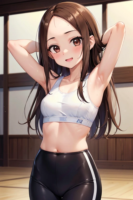 Takagi-san、Shiny brown hair, Straight Long Hair,((Medium chest、Forehead、Center part))、 Beautiful brown eyes、smile、Sparkling eyes, (fine grain)、Very fine eye、Highly detailed face, Highly detailed eyes, Cowboy Shot、


(masterpiece:1.2, Highest quality, 超High resolution, Super detailed),, masterpiece、High resolution、16K、

One Girl, single, alone, Beautiful Anime Girls,
16K、masterpiece、High resolution、((23-year-old female))、(((thin, A skin-tight white sports bra))、((白くthinパンティーストッキング))、Smiling Kindly、blush、Open your mouth a little、((Place your arms behind your head))、Excessive underarm sweating、Very close、Training Gym