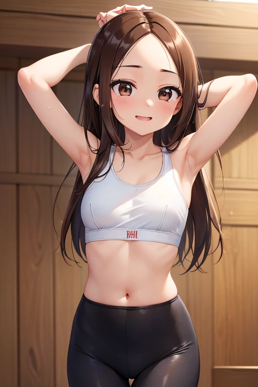 Takagi-san、Shiny brown hair, Straight Long Hair,((Medium chest、Forehead、Center part))、 Beautiful brown eyes、smile、Sparkling eyes, (fine grain)、Very fine eye、Highly detailed face, Highly detailed eyes, Cowboy Shot、


(masterpiece:1.2, Highest quality, 超High resolution, Super detailed),, masterpiece、High resolution、16K、

One Girl, single, alone, Beautiful Anime Girls,
16K、masterpiece、High resolution、((23-year-old female))、(((thin, A skin-tight white sports bra))、((白くthinパンティーストッキング))、Smiling Kindly、blush、Open your mouth a little、((Place your arms behind your head))、Excessive underarm sweating、Very close、Training Gym