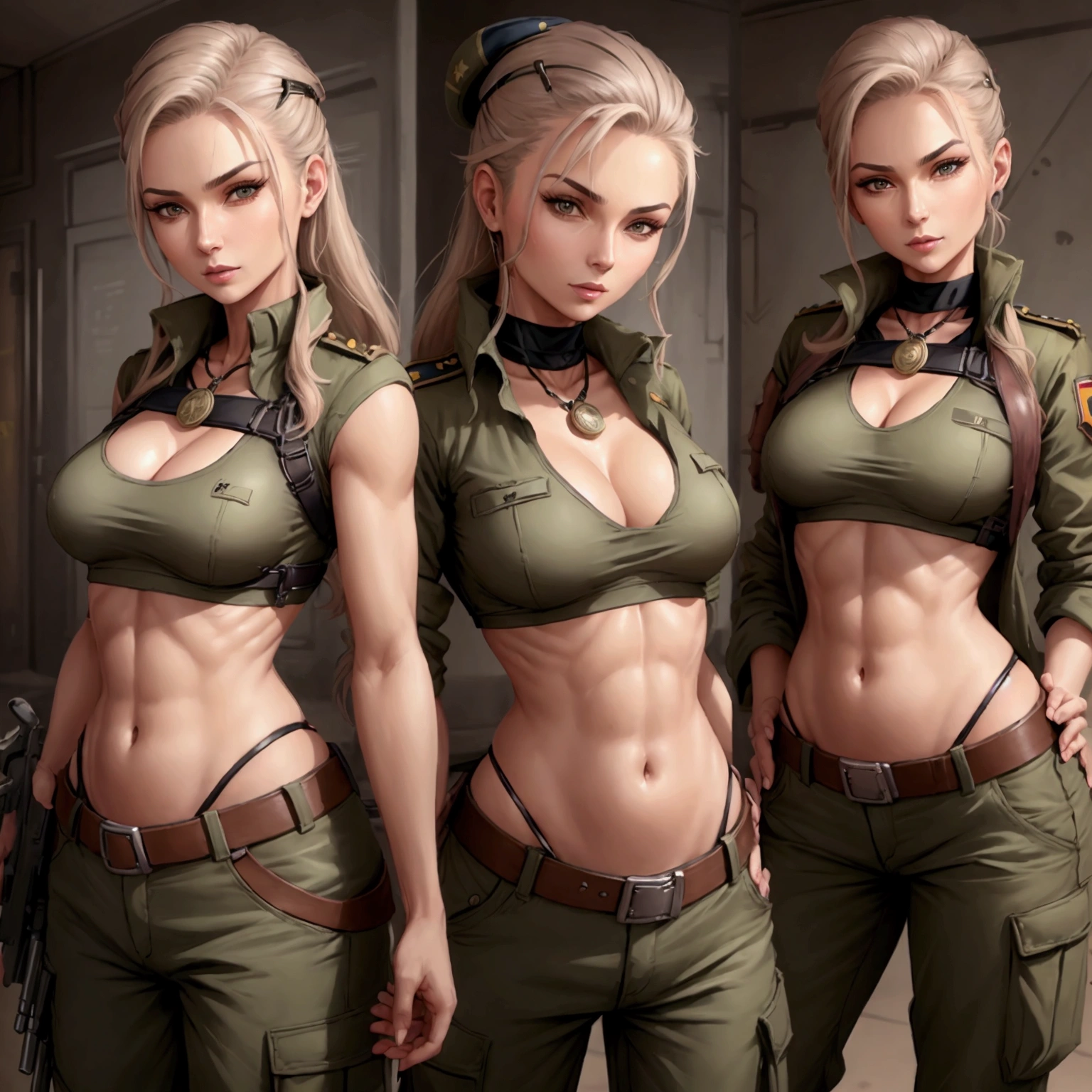 Women in crop top soldier uniform, soldier hat, medal on the chest,  exposed abdomen area, very low waist cargo pants, navel piercing , 45 years-old, high ranking , standing, 