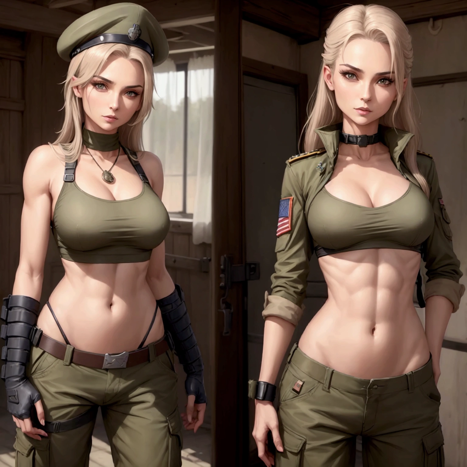 Women in crop top soldier uniform, soldier hat, medal on the chest,  exposed abdomen area, very low waist cargo pants, navel piercing , 45 years-old, high ranking , standing, 