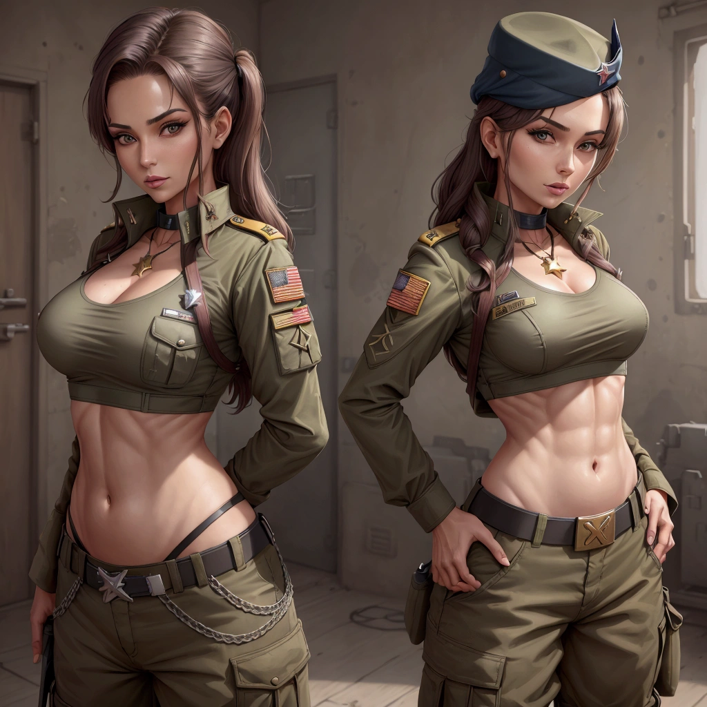 Women in crop top soldier uniform, soldier hat, medal on the chest, exposed abdomen area, very low waist cargo pants, navel piercing , 45 years-old, high ranking , standing, little fat