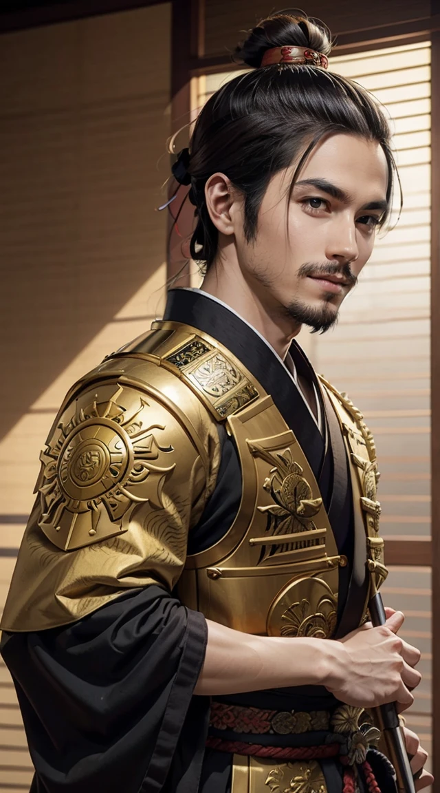 Create a realistic image of Toyotomi Hideyoshi, a key historical figure from the Sengoku period in Japan, known for unifying the country. He is depicted wearing a richly decorated samurai armor with golden embellishments, showcasing his rise from a commoner to a prominent daimyo. His armor features intricate patterns and a kabuto (helmet) adorned with a sunburst crest, symbolizing his power and ambition. Hideyoshi's facial features are warm and charismatic, with a welcoming smile and expressive eyes. His hair is styled in a traditional topknot (chonmage). He is standing in a formal pose, holding a war fan (gunba