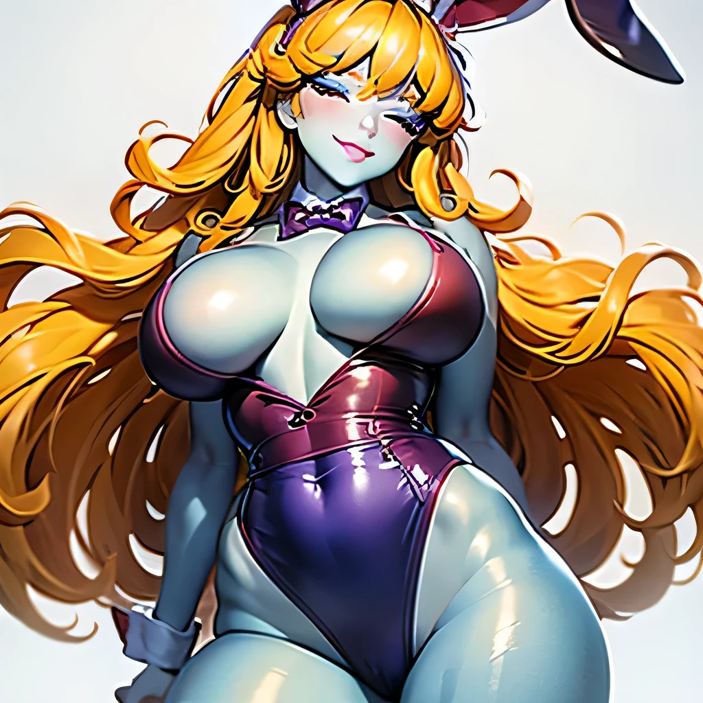  ((masterpiece,best quality,ultra-delicate,Perfect Face,16k,high resolution,very beautiful woman)),(blue skin:1.2,red sleeveless jacket), purple panties,bunny ears,large breasts,purple bowtie,gold long hair,smile,standing