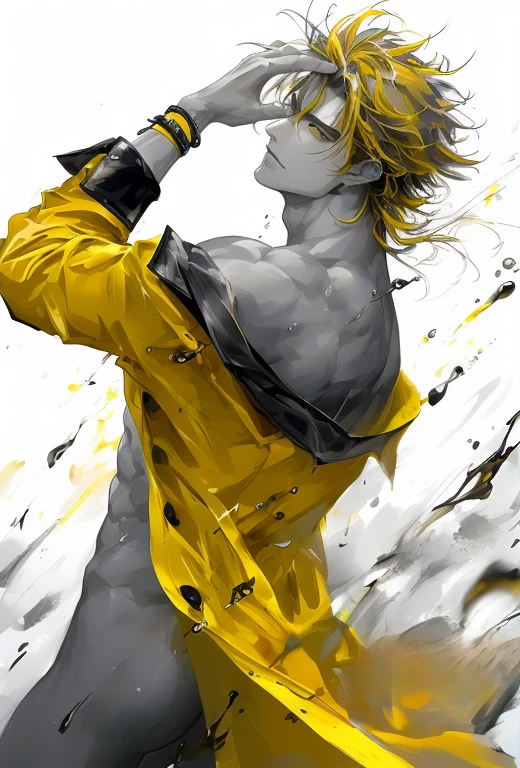 Wearing a yellow raincoat、Yellow hair anime character, king in yellow, God Brando, With yellow cloth, Cool anime poses, Kentaro Miura Art, Best Anime 4K Konachan Wallpapers, The handsome guy in Demon Slayer, Zerochan art, Bad guy anime 8k, Halo, Popular on artstation pixiv