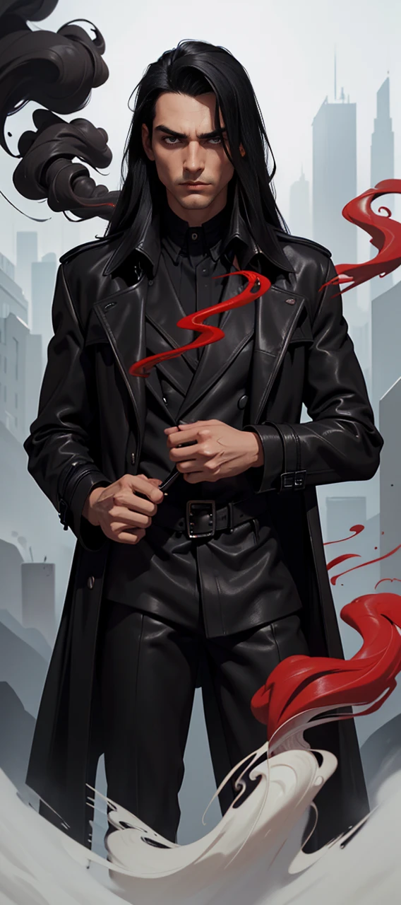 masterpiece, best quality:1.4), portrait Solo, male, man, young man, (((long hair))), ((dark eyes)), black hair, very long black hair ((black trench leather coat)), ((black suit))), an evil serious concentrated expression on his face, thin eyebrows, (red smoke everywhere)