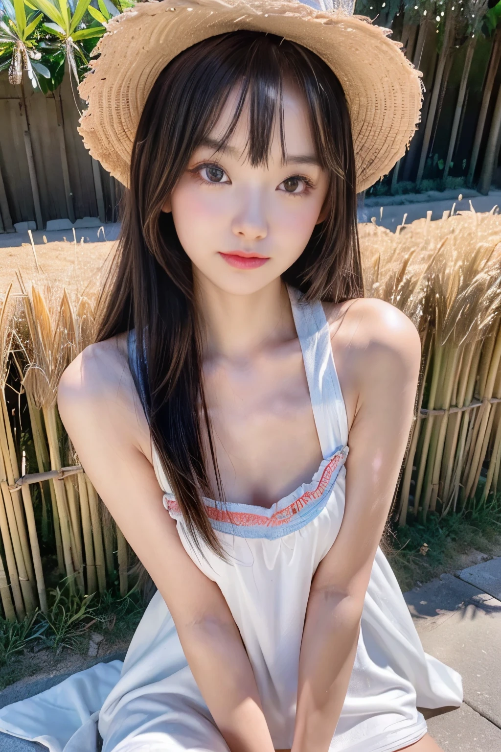 (masterpiece,best quality:1.4),(8k,raw photo,photo realistic:1.2),(super resolution), (absurdres),(shiny skin:1.4),detailed skin,detailed face,detailed eyes,(beautiful sparkling eyes:1.2),Symmetrical eyes,Detailed ear,1girl,natural make-up,(((Japanese idol))),((beautiful Japanese)),,Detailed Background,Beautiful shiny hair,,(((cute teen))),((Average teen breasts)),((face sharpener)),upper body,(Detailed 2024 teen Sexy Trendy Clothes),,summer clothes,((sharp face)),natual light,,(Very detailed ,trend, design,online shopping,LUMINE® Market,),((cute student)),Instagram Style,straw hat,flatchest,
small breast,(Detailed Okinawa Travel,sugarcane field),sakuragun