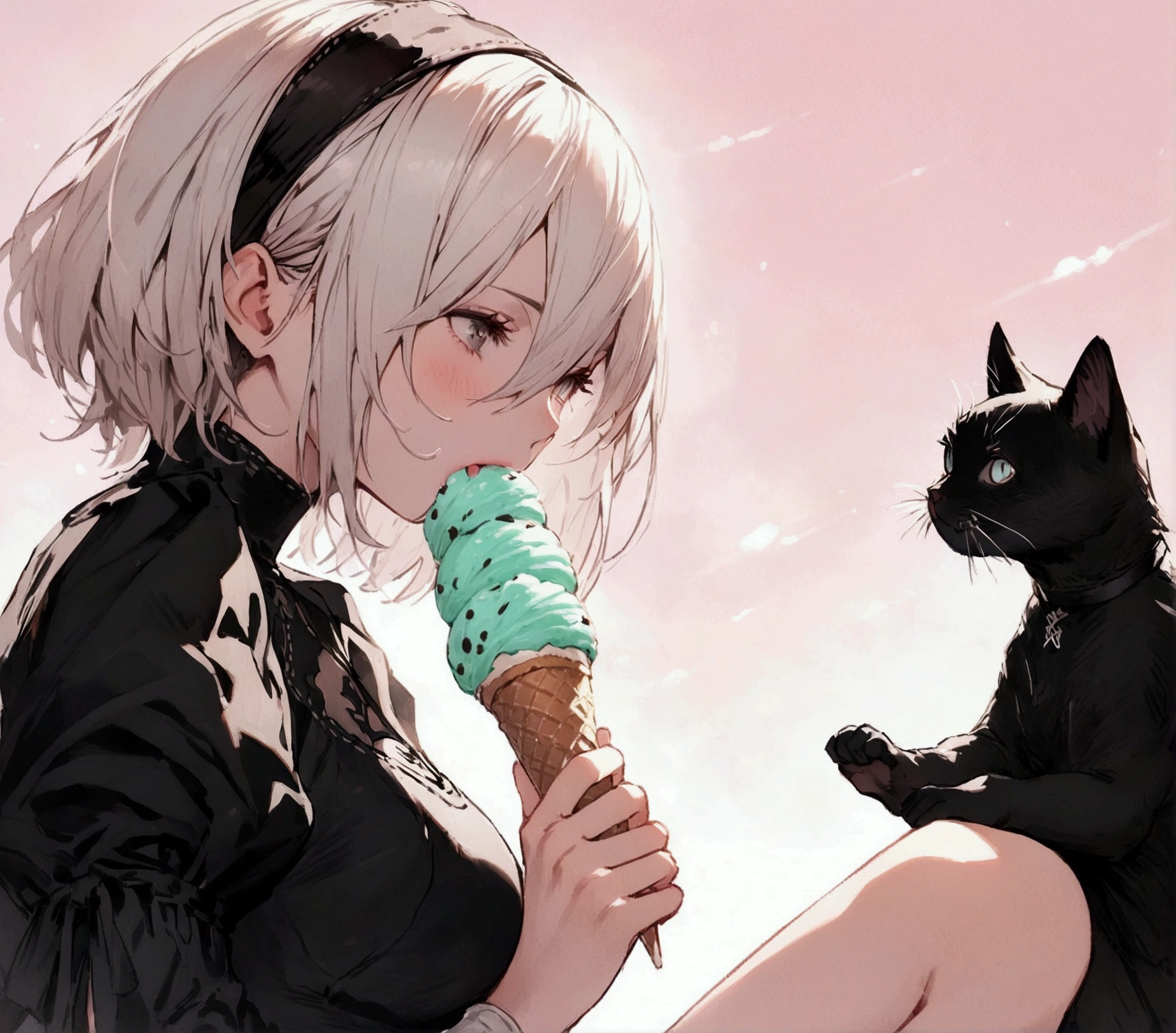 Best Quality, 2b nier automata, Eating an ice-cream, sweating, Whole body, sweating, no skirt, beautiful dinners, in the background a forest