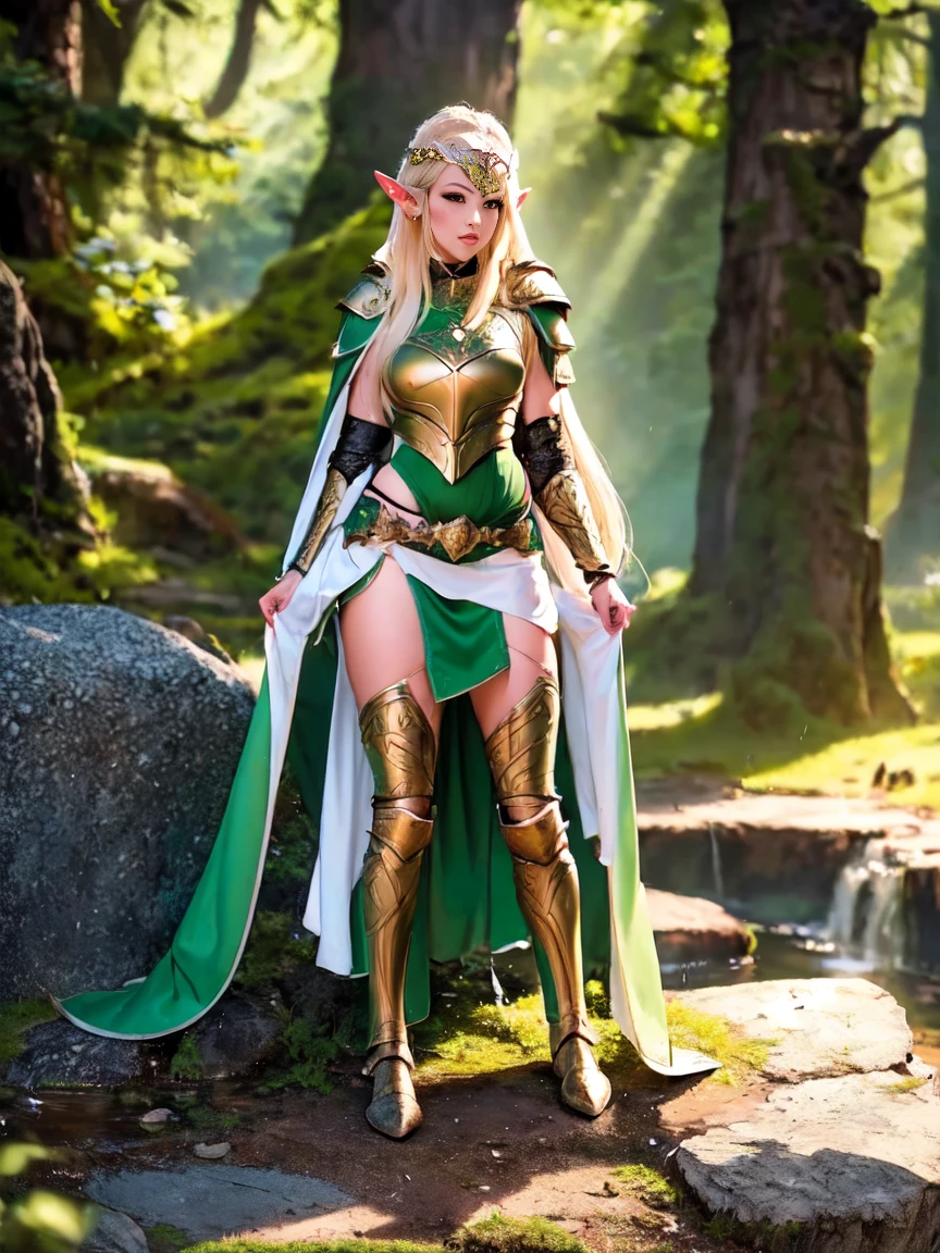 (masterpiece, Clean, 8K, high resolution), Throw, From the front, Full body portrait of beautiful woman, Extremely detailed face, slim body, Willow Waist, Bright Blonde Hair, Small Breasts,  Wearing intricate green and white armor, ((Elven Breastplate, Armor)) , Elven Torso Armor, (green mini skirt), belt, cape, Headdress,  , (), (Showing underwear:1.1)、(Lift up your skirt:1.2) , (White panties:1.5),  (Standing on the Rock: 1.2)、(Own:1.1), (Urine runs down the legs), Wet underwear, Wet pants, (Urine splashes between legs:1.1 ), (Urine pit:0.5 ), (Yellow liquid dripping on thighs and:1.1 ), (Start when the subject is squatting，A stream of liquid drips from) , (Super beautiful)、(Pretty Face:1.5), Sunset lighting, Deep Shadows, (Mountains and forests background) ,  Elf Ranger with no bladder control 