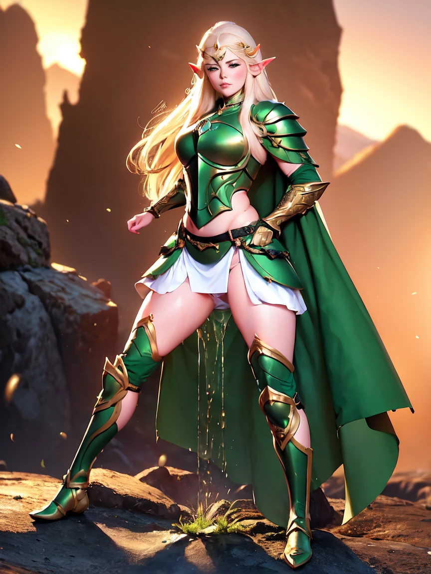 (masterpiece, Clean, 8K, high resolution), Throw, From the front, Full body portrait of beautiful woman, Extremely detailed face, slim body, Willow Waist, Bright Blonde Hair, Small Breasts,  Wearing intricate green and white armor, ((Elven Breastplate, Armor)) , Elven Torso Armor, (green mini skirt), belt, cape, Headdress,  , (), (Showing underwear:1.1)、(Lift up your skirt:1.2) , (White panties:1.5),  (Standing on the Rock: 1.2)、(Own:1.1), (Urine runs down the legs), Wet underwear, Wet pants, (Urine splashes between legs:1.1 ), (Urine pit:0.5 ), (Yellow liquid dripping on thighs and:1.1 ), (Start when the subject is squatting，A stream of liquid drips from) , (Super beautiful)、(Pretty Face:1.5), Sunset lighting, Deep Shadows, (Mountains and forests background) ,  Elf Ranger with no bladder control 