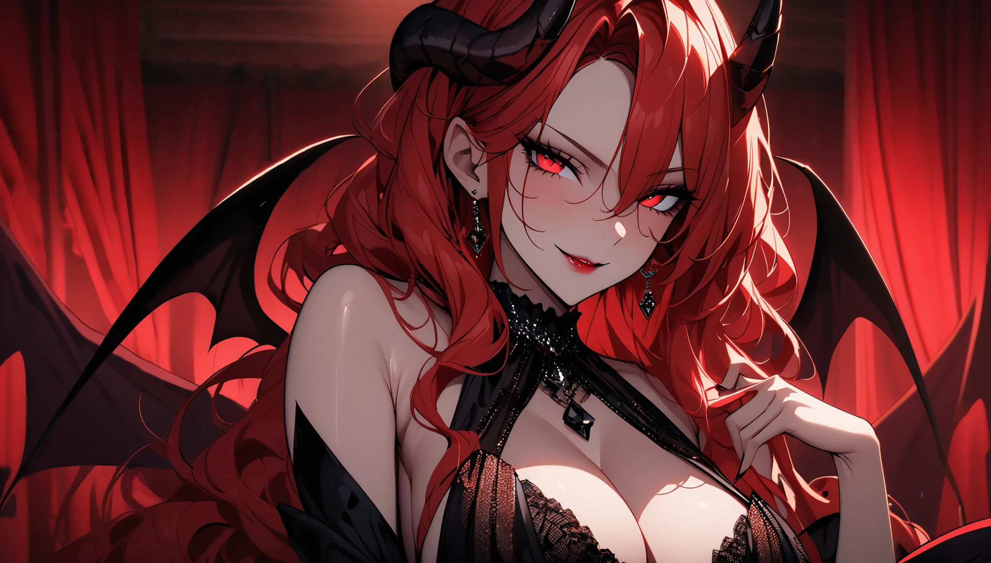 solo, female, vain pose, jewelry, close up, extremely attractive, flawless porcelain skin, long lustrous wavy red hair, red eyes, huge breasts, seductive smile, luxurious, elegant gala dress, ball room, velvet curtain, succubus, horns, demon wings, spade tail, billowing dress, conservative dress, seductive, vain, champagne, pinup pose, come hither gesture