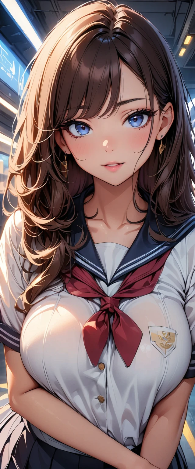 ((Biologically correct limb count))、(( The whole body including the legs and face))、4K、Masterpiece、((Focus on the face))、((Symmetrical, well-proportioned facial features))、Eyes with delicate depictions、(((1 person)))、Beautiful woman、Outstanding style、Slender Body、(High heels with anklets)、(((Sailor suit))、(((White frame photo)))、Low - Angle、(Shy、smile)、Upper body close-up、(Looking up)