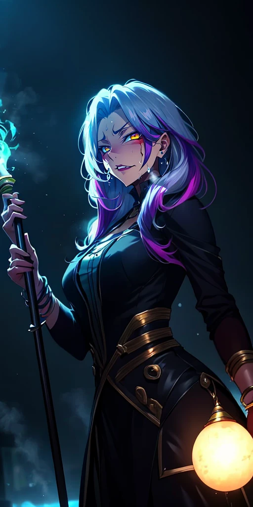 Cornelia version 20, Aura of intimidation, shiori novella, two-tone hair, silver hair, black hair, multicolored hair, split-color hair, medium hair, hair ornament, anatomically correct, best quality, masterpiece, high quality, high details, highres, HD, (shaded face:1.2), huge breasts, sagging breasts, staff, lips, bracelet, jewelry,  breasts, looking_at_viewer, standing, nose, black_dress, hair_over_shoulder, shaded face, yellow eyes, slit pupils, hollow eyes, smirk, upper teeth, sweating, steaming face, looking at viewer, 