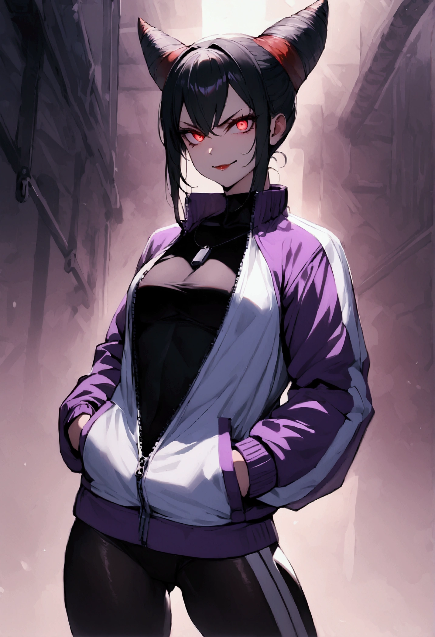 beautiful young fitness woman with , in a gym wearing May with black pantyhose, tight white and purple gym jacket. standing alone,hair horns,red eyes glowing,Evil smile,legging preto ,labiaa,dark eye shadow,shining eyes,hands in our pockets,neckleace,jacket zipper half open,Tight black shirt