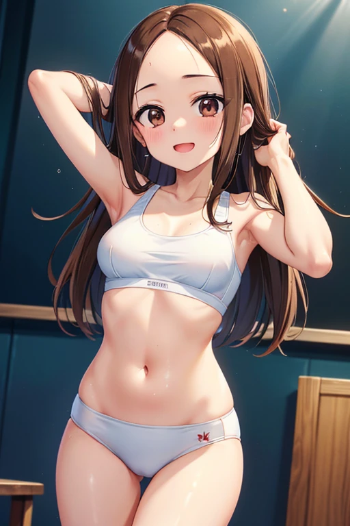 Takagi-san、Shiny brown hair, Straight Long Hair,((Medium chest、Forehead、Center part))、 Beautiful brown eyes、smile、Sparkling eyes, (fine grain)、Very fine eye、Highly detailed face, Highly detailed eyes, Cowboy Shot、
(masterpiece:1.2, Highest quality, 超High resolution, Super detailed),, masterpiece、High resolution、16K、
One Girl, single, alone, Beautiful Anime Girls,
16K、masterpiece、High resolution、((23-year-old female))、Large Breasts、(((thin, A skin-tight white sports bra))、((白くthinパンティーストッキング))、Smiling Kindly、blush、Open your mouth a little、((Place your arms behind your head))、Excessive underarm sweating、Very close、Training Gym