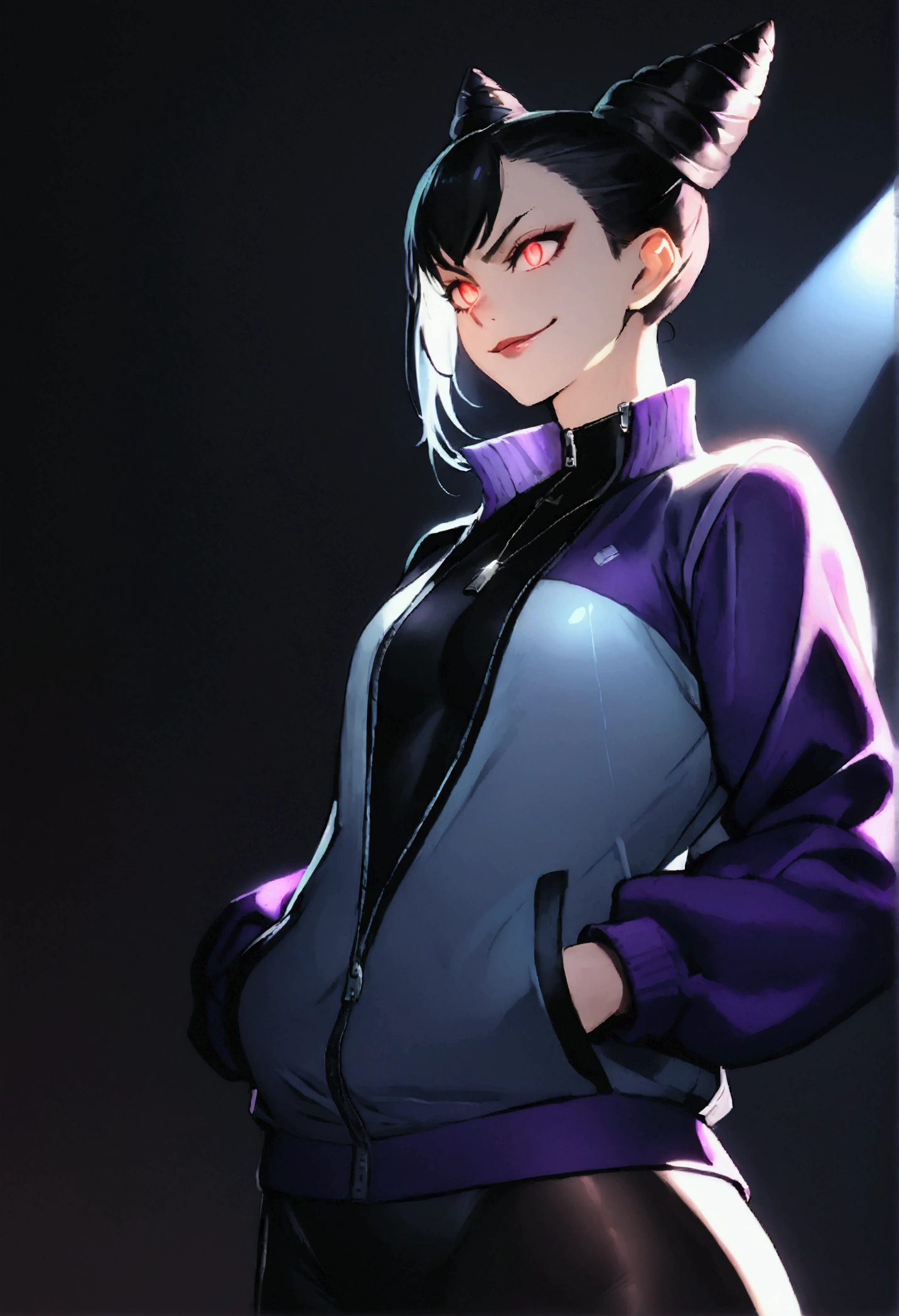 beautiful young fitness woman with , in a gym wearing May with black pantyhose, tight white and purple gym jacket. standing alone,hair horns,red eyes glowing,Evil smile,legging preto ,labiaa,dark eye shadow,shining eyes,hands in our pockets,neckleace,jacket zipper half open,Tight black shirt
