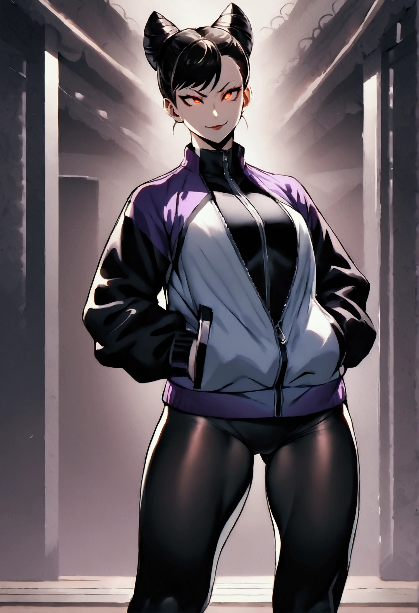 beautiful young fitness woman with , in a gym wearing May with black pantyhose, tight white and purple gym jacket. standing alone,hair horns,red eyes glowing,Evil smile,legging preto ,labiaa,dark eye shadow,shining eyes,hands in our pockets,neckleace,jacket zipper half open,Tight black shirt
