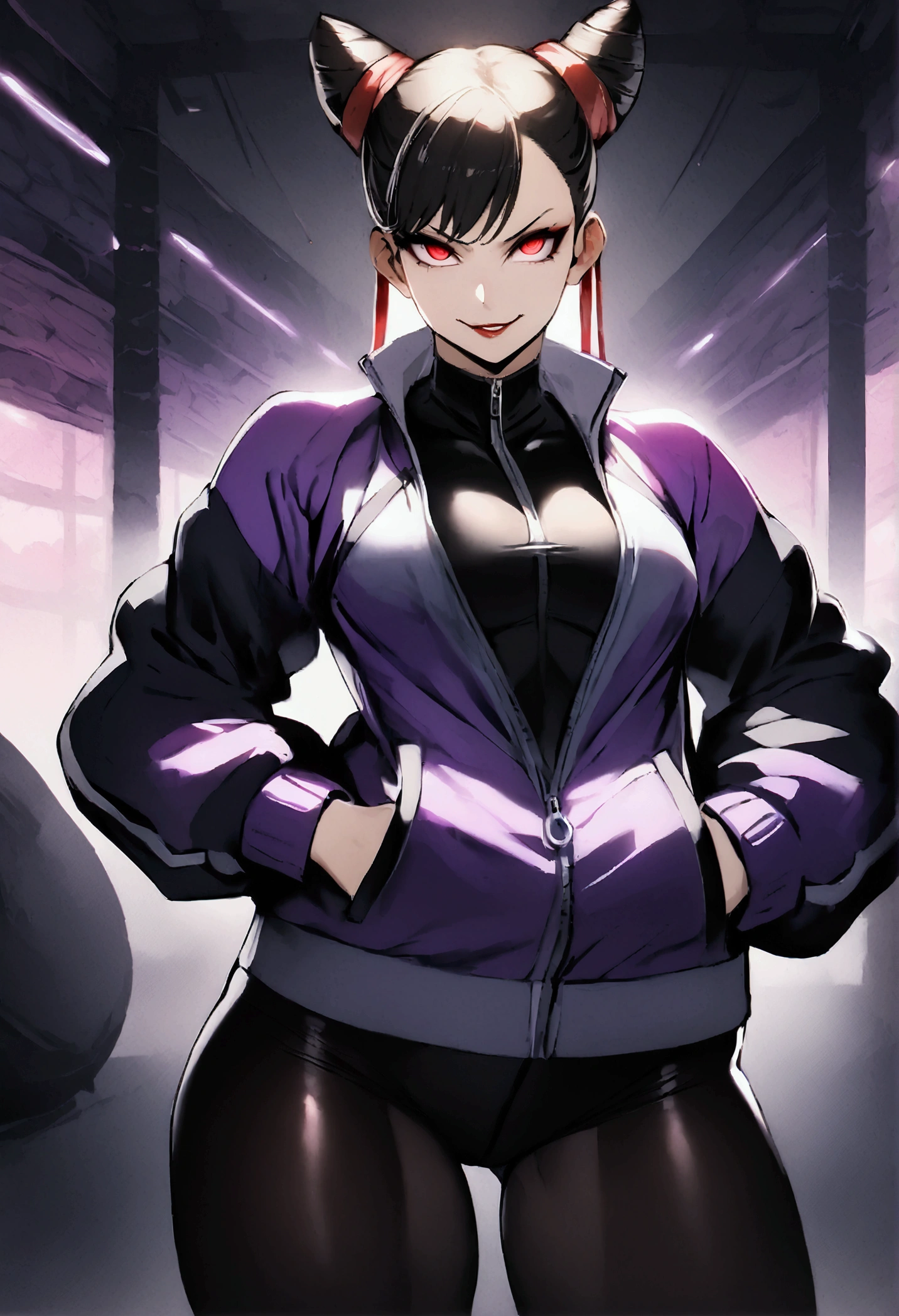 beautiful young fitness woman with , in a gym wearing May with black pantyhose, tight white and purple gym jacket. standing alone,hair horns,red eyes glowing,Evil smile,legging preto ,labiaa,dark eye shadow,shining eyes,hands in our pockets,neckleace,jacket zipper half open,Tight black shirt
