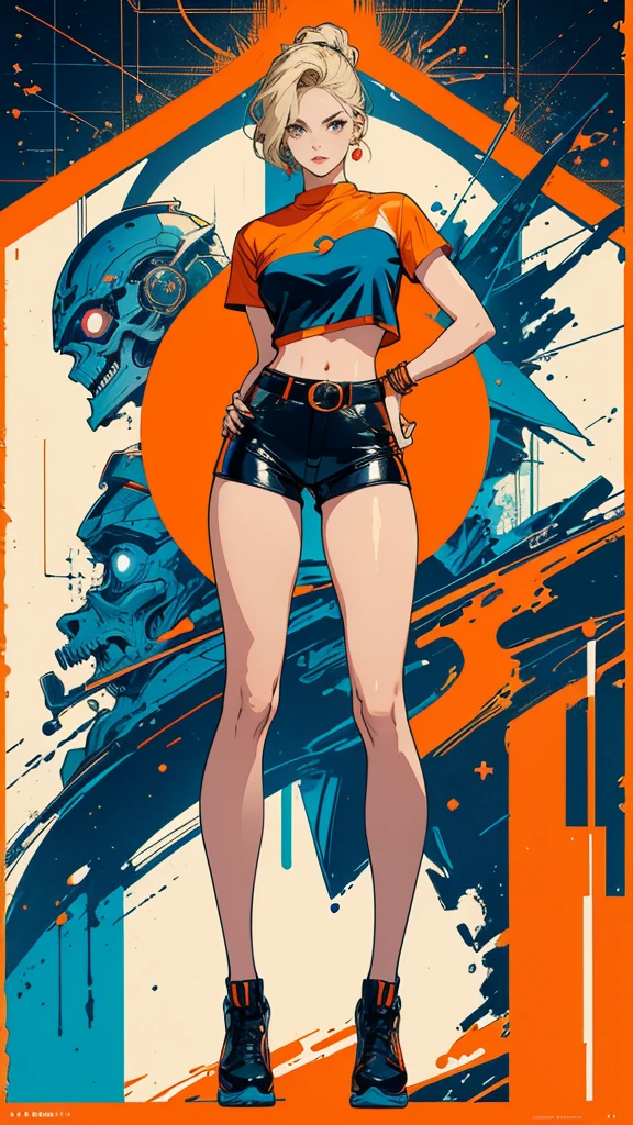 ((masterpiece, Highest quality)), (((whole body :1.5))), 32K Wallpapers, Very detailed, Poster, Vintage science fiction, 1960s,(((geometric cinematic movie Poster))), (Bauhaus), shape,Abstract, Midcentury Modern, movie Poster, Vintage, Perfect Lady,1970s,Halftone,Speech bubble,(((portfolio,close))), Tall and straight blonde mature girl, Sexy, Medium Neck, He is wearing a plain, tight orange short-sleeved U-neck T-shirt, She completely exposed her midsection, She is wearing blue leather shorts., she wears a large orange belt with a red heart-shaped buckle, She exposed her navel, beautiful abdomen, Beautiful thighs, Long and slender thighs, A pose that makes it appear as if you are facing forward with your hands on your hips, whole body