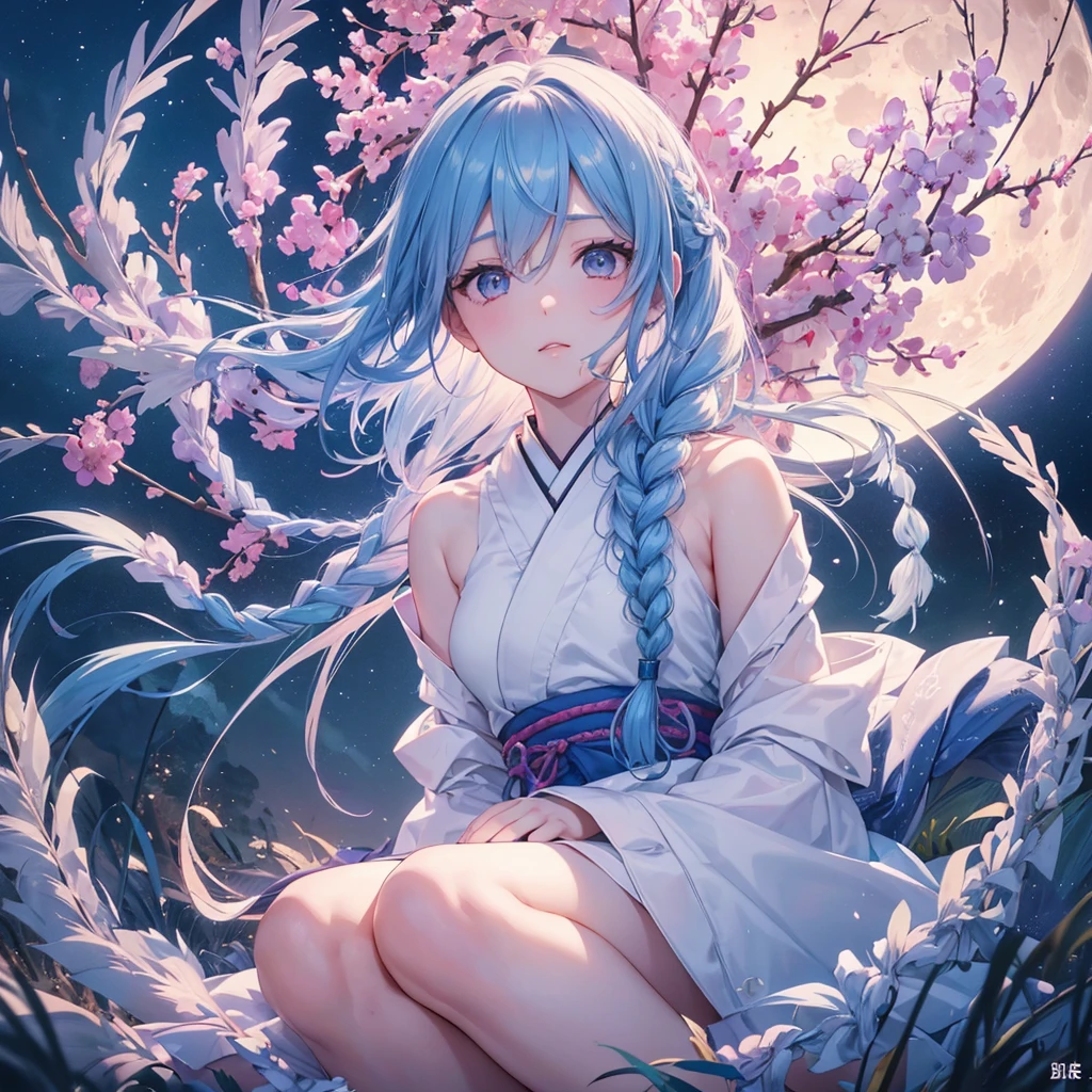 Sky blue hair, (1 braided hair), (Pink eyes),Fair skin)  ,(whole body),(One Girl),(White sweet dumplings ),Japanese pampas grass,(beautiful, Full moon shining in the night sky),(masterpiece, Highest quality, Very detailed, Best Shadow), (Detailed Background), (Beautifully detailed face), High Contrast, (Best lighting, Very delicate and beautiful), ((Cinematic Light)), colorful, Hyper Detail,8k, Dramatic Light, Intricate details,Sit down and eat dumplings