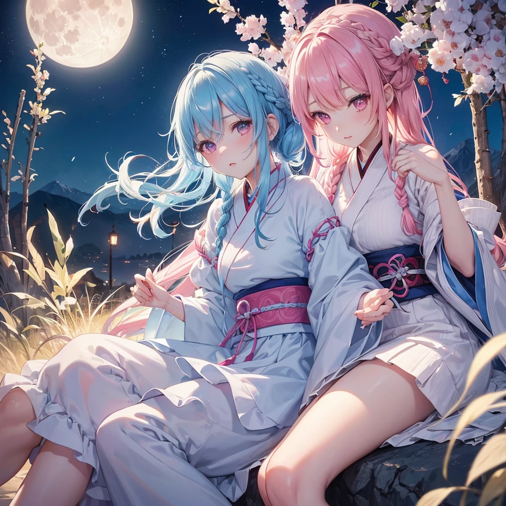 Sky blue hair, (Braided medium hair:1.2), Pink eyes,Fair skin ,(whole body),(One Girl),(White sweet dumplings ),White round dumplings,Japanese pampas grass,(beautiful, Full moon shining in the night sky),(masterpiece, Highest quality, Very detailed, Best Shadow), (Detailed Background), (Beautifully detailed face), High Contrast, (Best lighting, Very delicate and beautiful), ((Cinematic Light)), colorful, Hyper Detail,8k, Dramatic Light, Intricate details,Sit and eat dumplings while watching the moon,mysterious