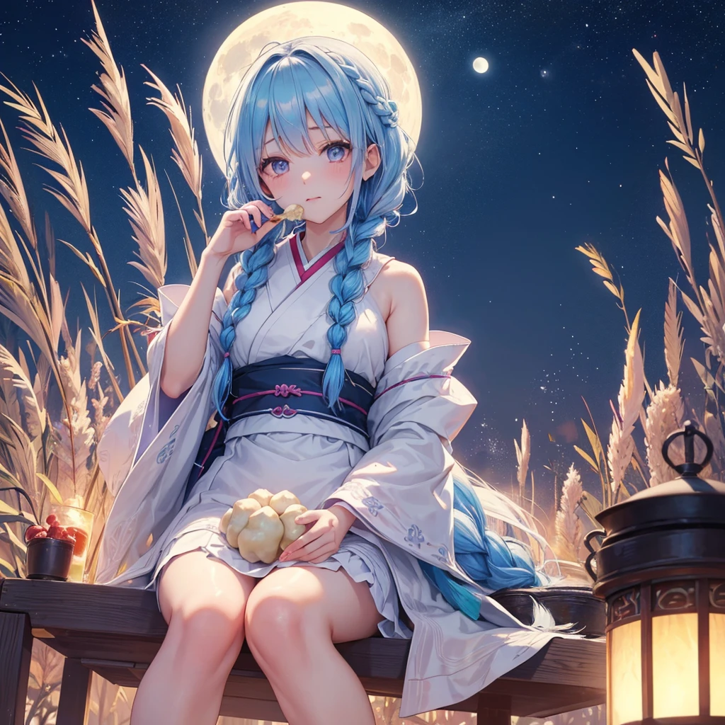 Sky blue hair, (Braided medium hair:1.2), Pink eyes,Fair skin ,(whole body),(One Girl),(White sweet dumplings ),White round dumplings,Japanese pampas grass,(beautiful, Full moon shining in the night sky),(masterpiece, Highest quality, Very detailed, Best Shadow), (Detailed Background), (Beautifully detailed face), High Contrast, (Best lighting, Very delicate and beautiful), ((Cinematic Light)), colorful, Hyper Detail,8k, Dramatic Light, Intricate details,Sit and eat dumplings while watching the moon,mysterious