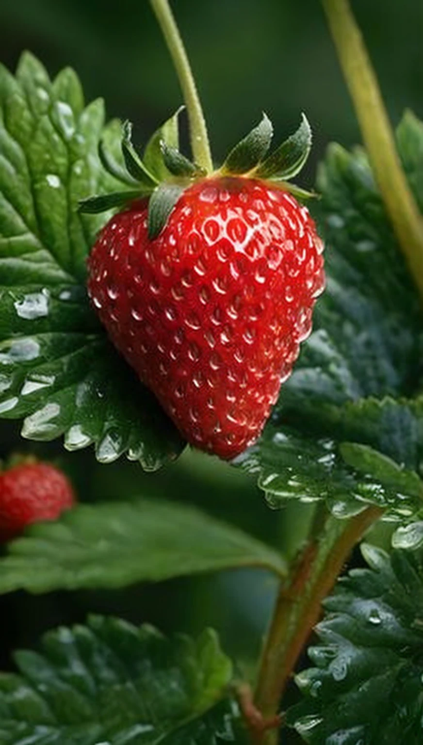 araffe strawberry on a plant with water droplets on it, strawberry, strawberries, fight with strawberries, strawberry fields forever, dew, strawberry embellishment, bright:, raspberry, “berries, award-winning masterpiece, closeup - view, outstanding detail, hyperdetailed!, ❤🔥🍄🌪, abundant detail, f/3.2, artistic photo