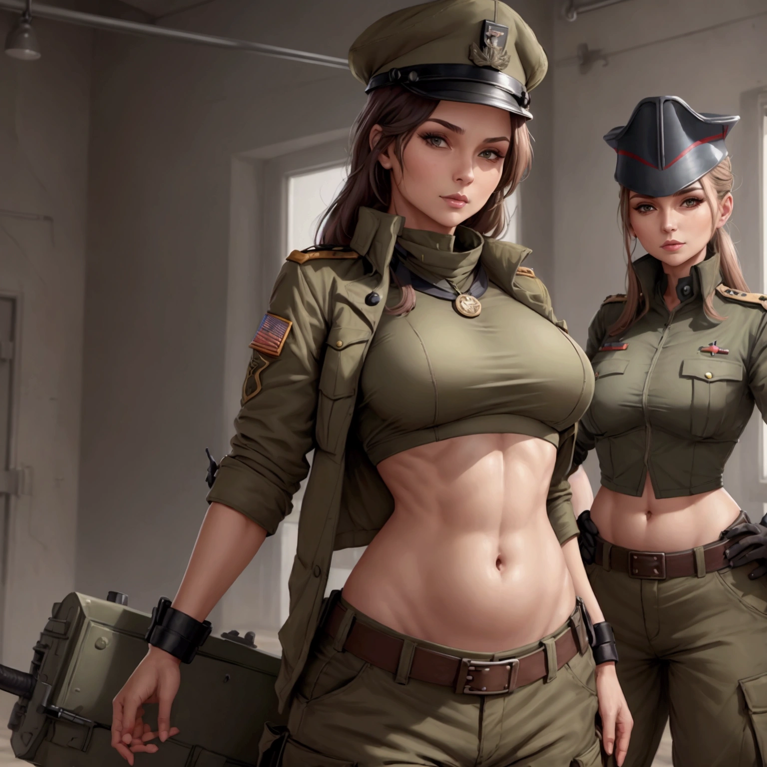 Women in crop top soldier uniform, soldier hat, medal on the chest,  exposed abdomen area, very low waist cargo pants, navel piercing , 45 years-old, high ranking , standing, little fat 