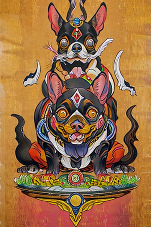(masterpiece: 1.2, Highest quality),Chihuahua sitting on a Ouija board,Dog with a Ouija board、Japanese painting, rough sketch, Horror elements,Ancient India、Buddhism
