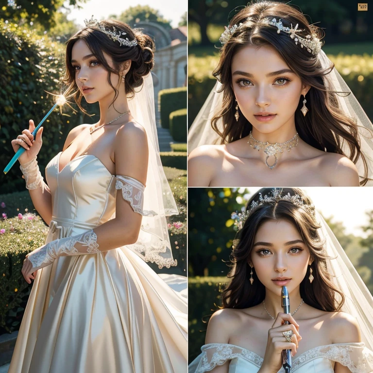 (​masterpiece, best quality:1.5), highest quality, High resolution, super detailed, Realists, Upper body photo of a brunette young magical girl, detailed and beautiful eyes, beautiful detailed lips, very detailed eyes and face, longeyelashes, white satin wedding dress, Holding a magic wand in your hand, Cast a transformation spell, With her magic wand she transforms stones into a snake into a precious ring, Glowing wands available,Beautiful and colorful makeup, elegant and noble々The jewelry bag, Gardens as background, soft daylight, bright colors, fine brushstrokes, Portrait style, Silk dress fabric, beautiful color palette, glowing skin, First-class rendering, that captures every detail, enchanting atmosphere, subtle shadows and lights, (perfect anatomy:1.2), (The stunning magical girl in a wedding dress transforms a snake into a precious ring. (a transformation with the magic wand:1.4), (magnificent panorama view:1.2)