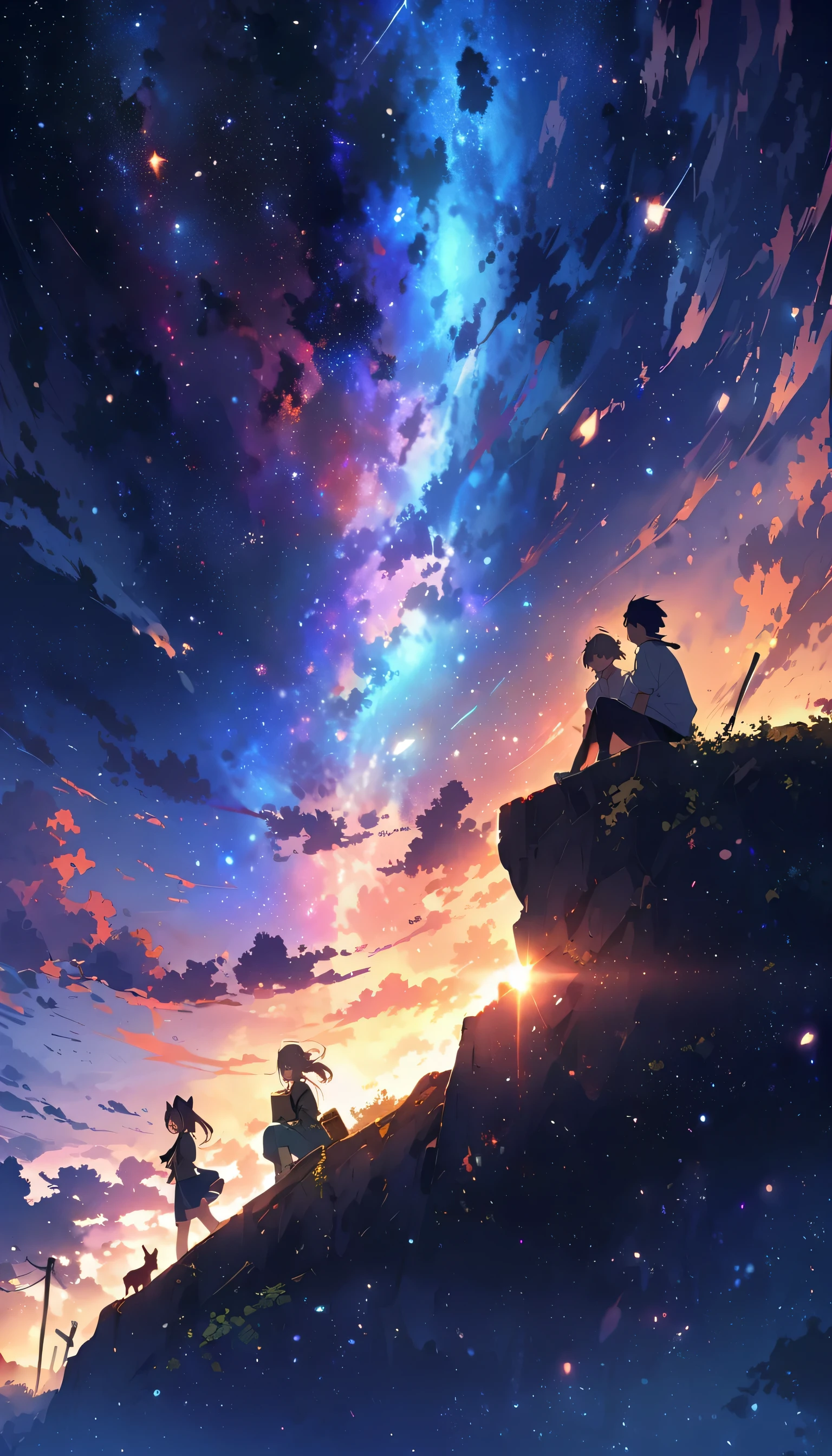Anime drawings inspired by Makoto Shinkai, Sparrow'Door Lock, pixiv topics, Space Art, Makoto Shinkai Cyril Rolland, Anime Japanese man and woman sitting and looking at the sky, Around the two of them, White cat lady, Black cat girl, Calico cat girl runs through the sky.,