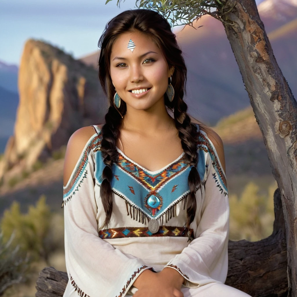 (grainy:0.5), cinematic, beautiful girls 25 year old native american,fantasy,(solo:1.3), detailed eyes, detailed face, detailed native american sexy clothing, volumetric lighting, dusk, extremely detailed background, standing next to tree and mountain, smiling, half closed brown eyes, tilted head, from side, sitting next to her Mountain Lion