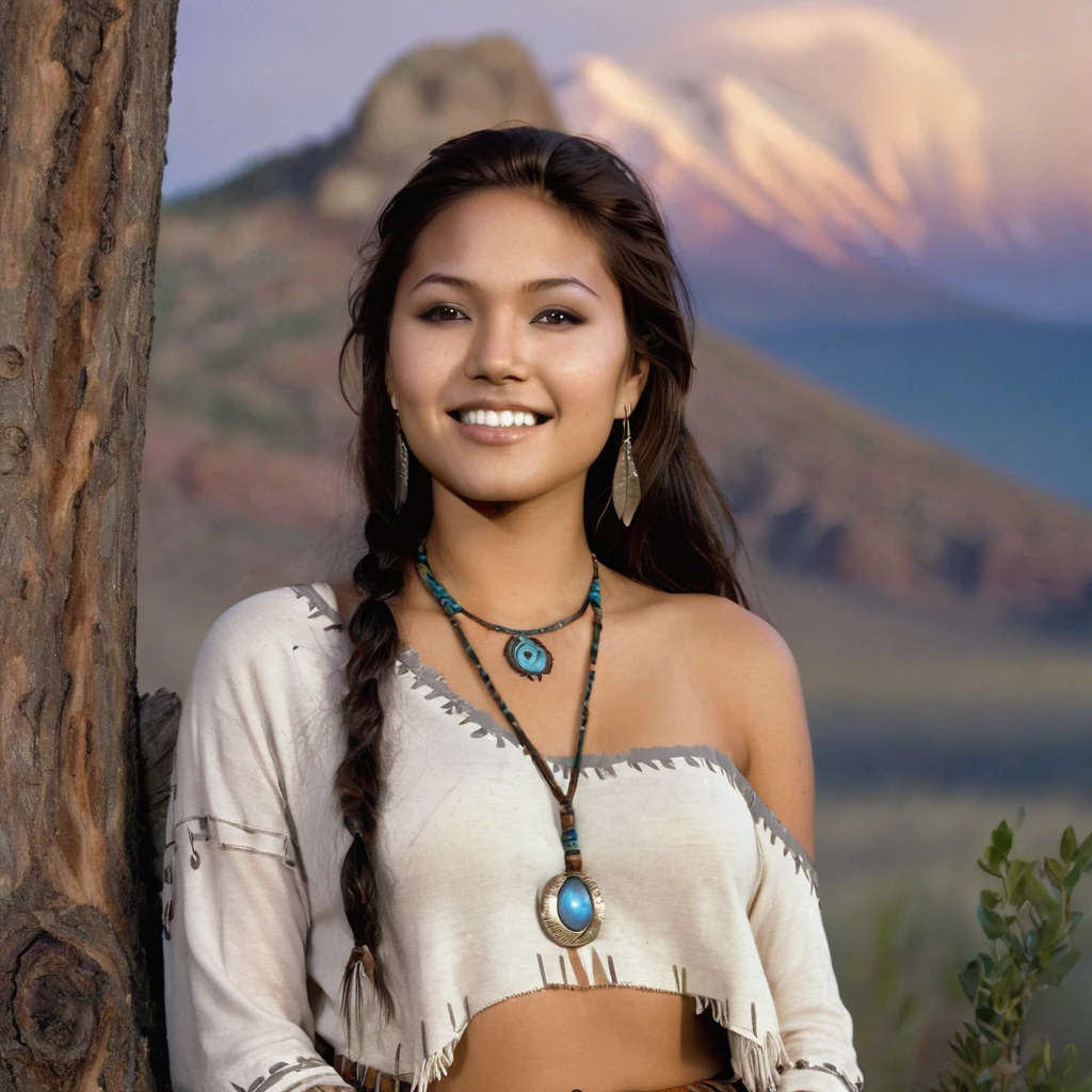 (grainy:0.5), cinematic, beautiful girls 25 year old native american,fantasy,(solo:1.3), detailed eyes, detailed face, detailed native american sexy clothing, volumetric lighting, dusk, extremely detailed background, standing next to tree and mountain, smiling, half closed brown eyes, tilted head, from side, sitting next to her Mountain Lion
