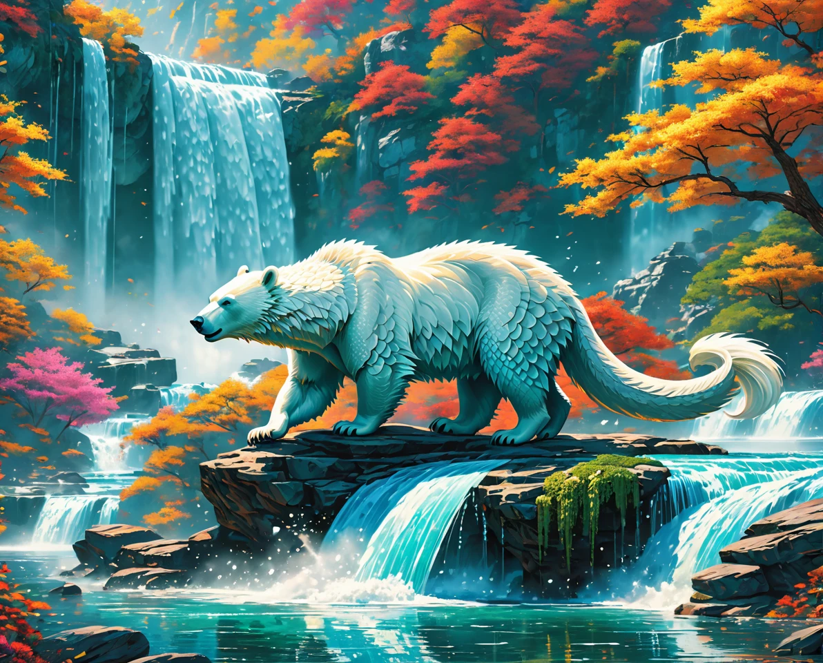 polarbear dragon hybrid. official art is an award-winning digital masterpiece in 4K Ultra HD, featuring extreme detail and intricate realism. It combines the artistry of Wlop and Artgerm in a stunning 2D vector illustration. The background is a tranquil waterfall. bright colorful.