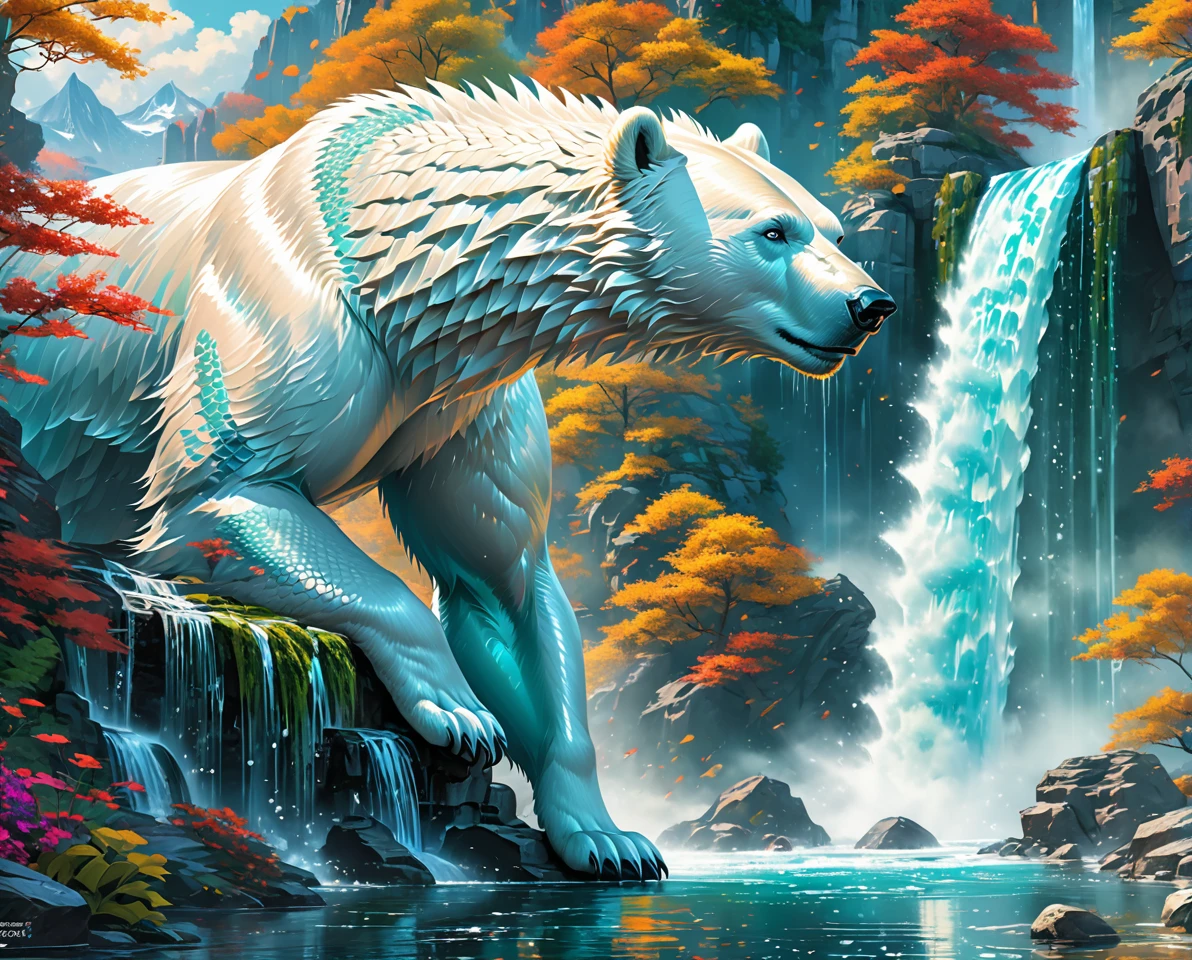 polarbear dragon hybrid. official art is an award-winning digital masterpiece in 4K Ultra HD, featuring extreme detail and intricate realism. It combines the artistry of Wlop and Artgerm in a stunning 2D vector illustration. The background is a tranquil waterfall. bright colorful.