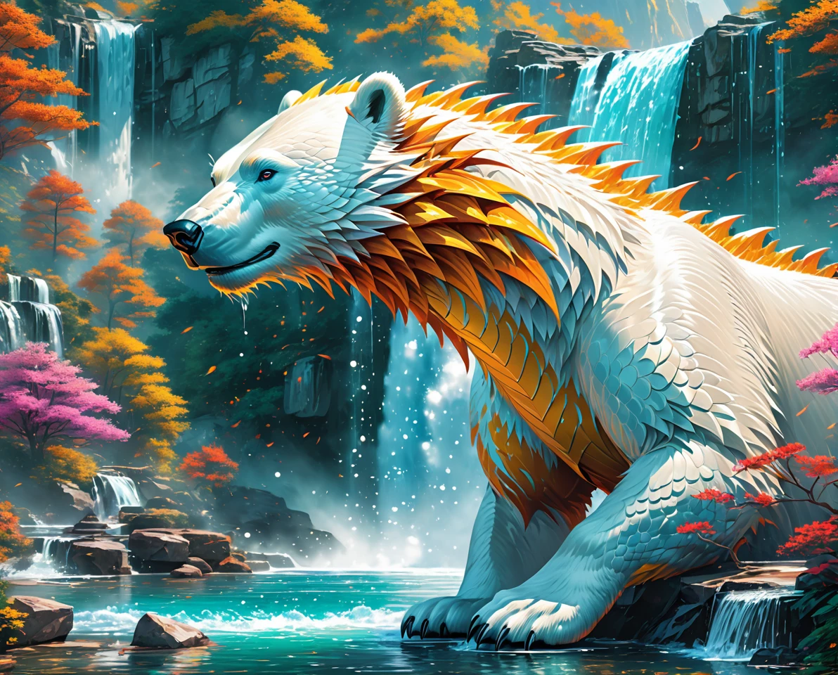 polarbear dragon hybrid. official art is an award-winning digital masterpiece in 4K Ultra HD, featuring extreme detail and intricate realism. It combines the artistry of Wlop and Artgerm in a stunning 2D vector illustration. The background is a tranquil waterfall. bright colorful.