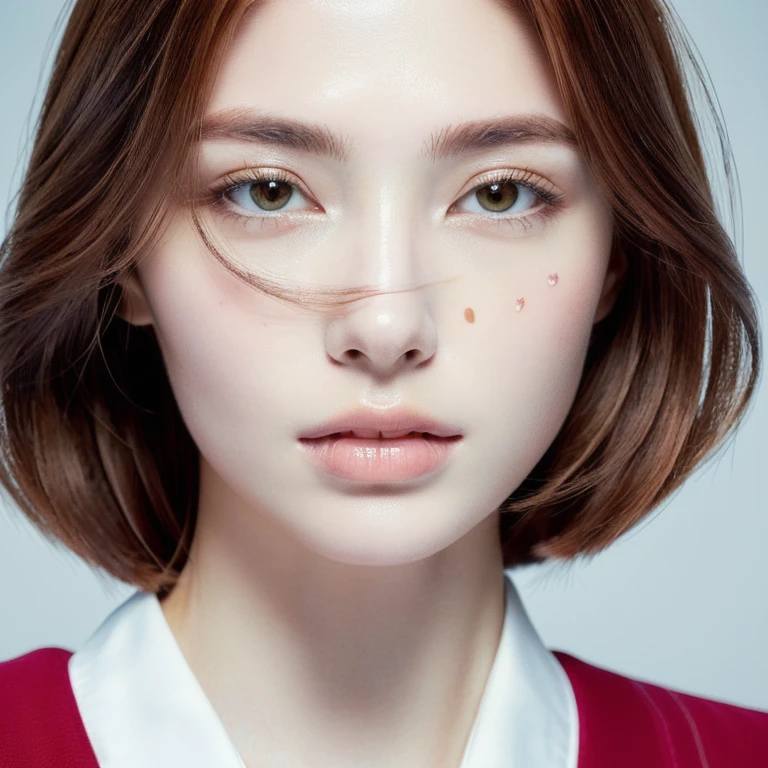 (masterpiece,best quality:1.4),(8k,raw photo,photo realistic:1.2),shiny skin,detailed skin,detailed face,detailed eyes,1girl, (((Japanese woman))), beautiful face, ( masterpiece , ultra Detailed ) , (((photo reality))), (((photo))), (((real))), (((haircut of uniform length))), straight hair, (((long hair))), (((brown hair))), (((brown eyebrows))), thin eyebrows, Downturned eyes, Sensual eyes, Pointy nose, delicate chin, alabaster skin, milky skin, Oblong face, (((looking at viewer)))