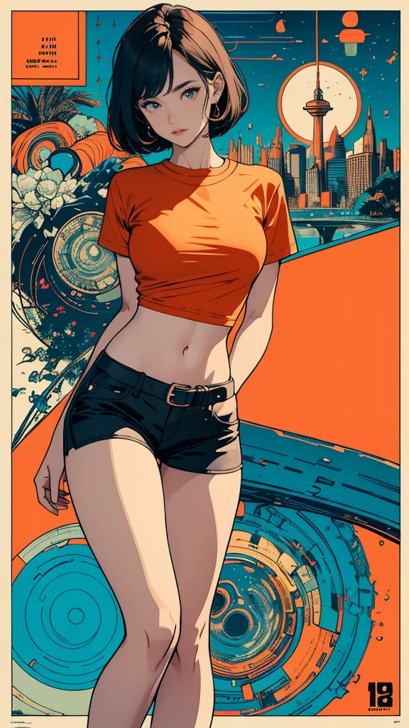((masterpiece, Highest quality)), (((whole body :1.5))), 32K Wallpapers, Very detailed, Poster, Vintage science fiction, 1960s,(((geometric cinematic movie Poster))), (Bauhaus), shape,Abstract, Midcentury Modern, movie Poster, Vintage, Perfect Lady,1970s,Halftone,Speech bubble,(((portfolio,close))), Tall and straight blonde mature girl, , Medium Neck, He is wearing a plain, tight orange short-sleeved U-neck T-shirt, She completely exposed her midsection, She is wearing blue leather shorts., she wears a large orange belt with a red heart-shaped buckle, She exposed her navel, beautiful abdomen, Beautiful thighs, Long and slender thighs, A pose that makes it appear as if you are facing forward with your hands on your , whole body