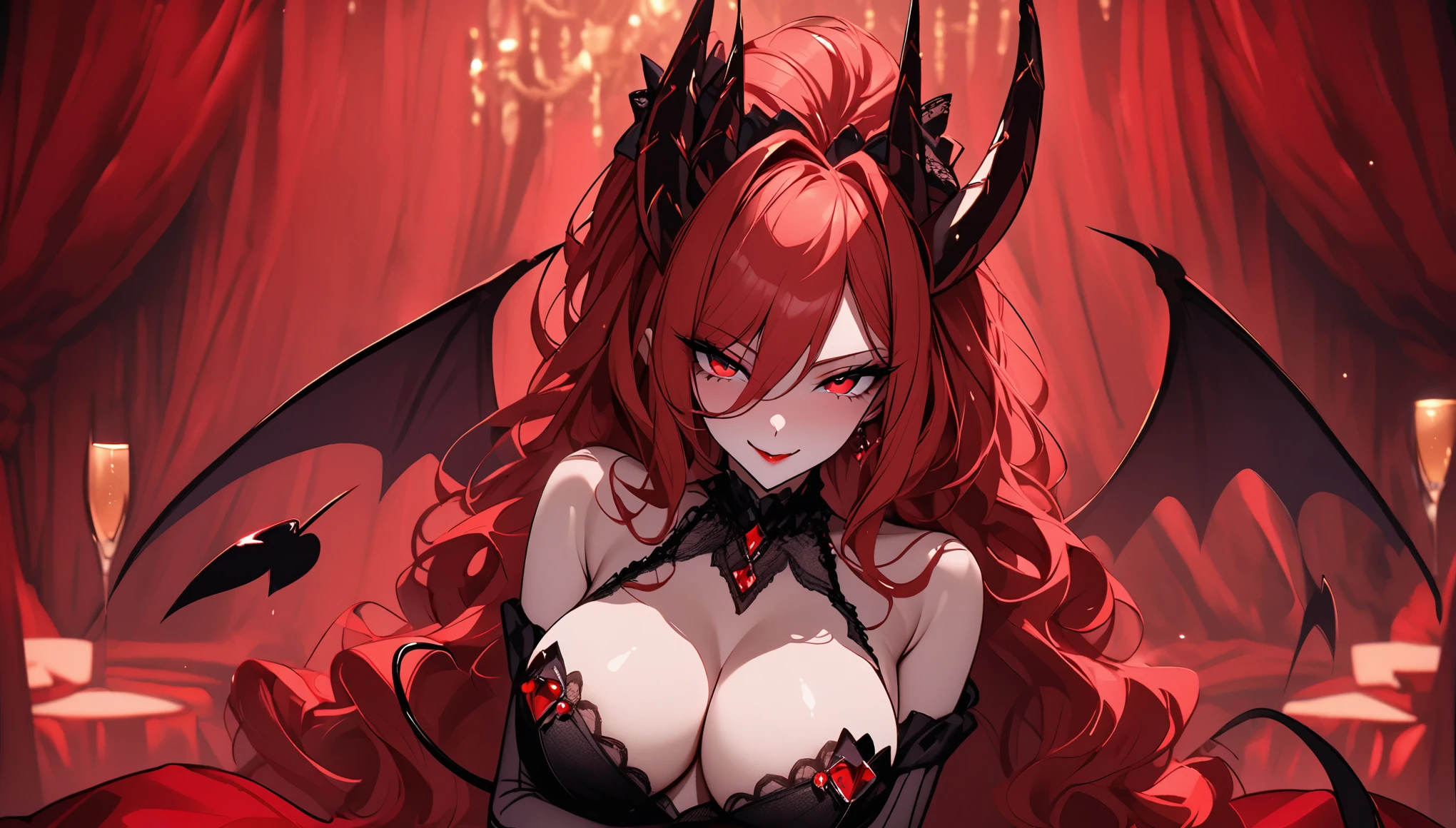 solo, female, vain pose, jewelry, close up, extremely attractive, flawless porcelain skin, long lustrous wavy red hair, red eyes, huge breasts, seductive smile, luxurious, elegant gala dress, ball room, velvet curtain, succubus, horns, demon wings, spade tail, billowing dress, conservative dress, seductive, vain, champagne, pinup pose, come hither gesture
