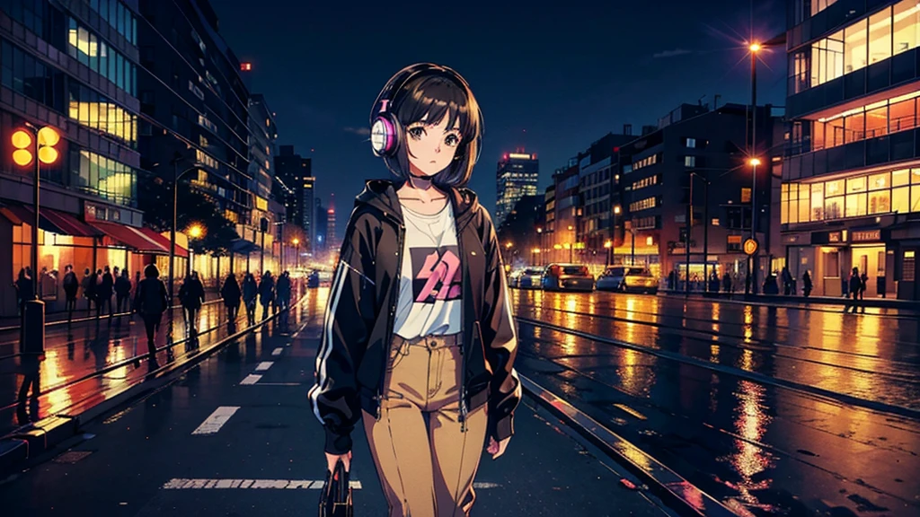 best quality, 8k, 1990s style, 2010s hairstyles, 21 year old girl, black hair, headset, bob hair, light brown eyes, city pop, pants ,city night view, walking between buildings. whole body.
